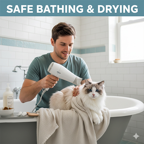 Tắm và sấy an toàn cho mèo tại nhà với nước ấm máy sấy nhiệt thấp và thao tác nhẹ nhàng