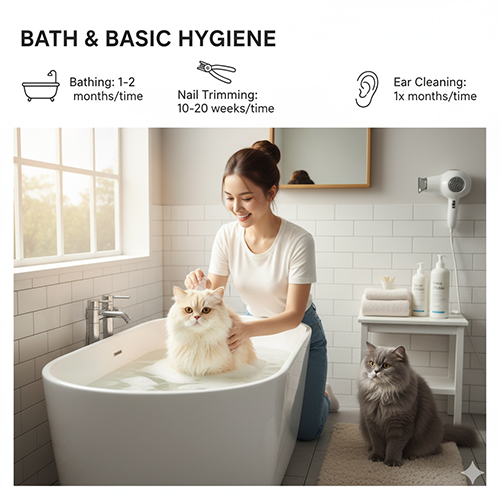 Cô gái tắm cho mèo Anh lông dài trong bồn tắm, minh họa hướng dẫn vệ sinh cơ bản và chăm sóc định kỳ cho mèo ALD.