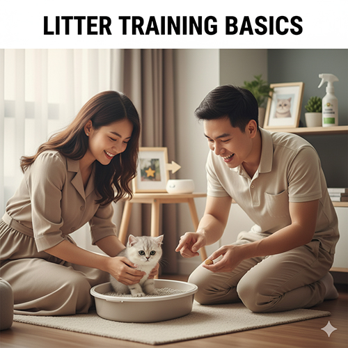Cặp đôi hướng dẫn mèo Anh lông ngắn con tập đi vệ sinh đúng chỗ trong khay cát đặt ở góc phòng