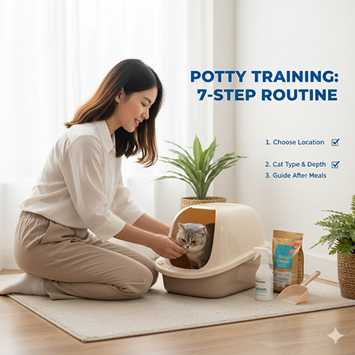 Cô gái hướng dẫn mèo Anh lông ngắn đi vệ sinh đúng chỗ trong khay cát, bên cạnh là đồ dùng huấn luyện như cát, xẻng và dung dịch khử mùi