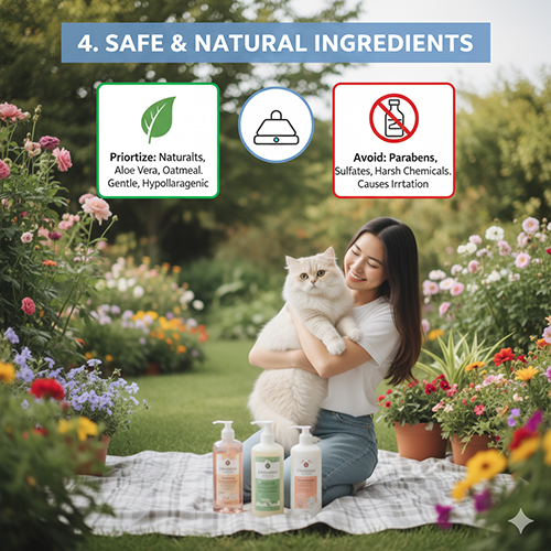 Thành phần an toàn trong sữa tắm cho mèo Anh lông dài với chiết xuất thiên nhiên như lô hội và yến mạch, tránh paraben và sulfate