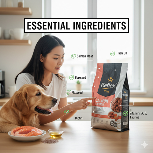 Cô gái chỉ vào bao thức ăn Reflex Plus vị cá hồi, bên cạnh là chó Golden và các nguyên liệu như cá hồi tươi, dầu cá, hạt lanh trên bàn.