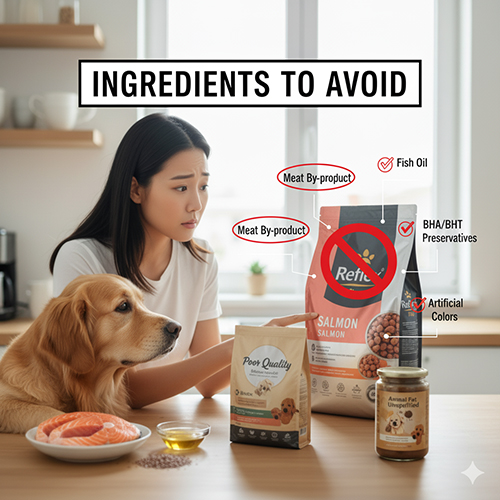 Cô gái lo lắng nhìn bao thức ăn cho chó có nhãn bị gạch đỏ, bên cạnh là chó Golden và các nguyên liệu như cá hồi, dầu cá; nhấn mạnh các thành phần cần tránh.