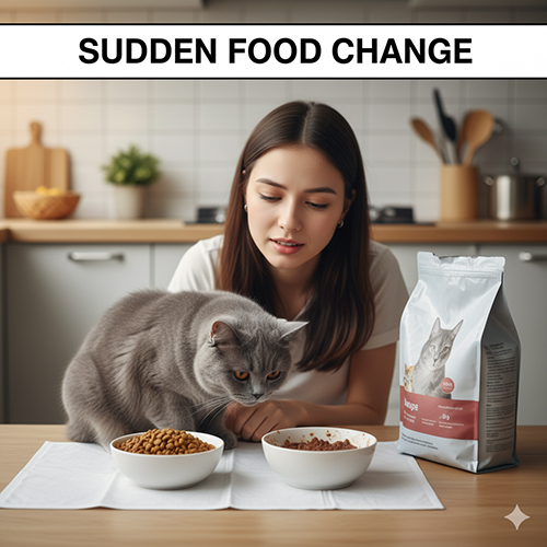 Cô gái nhìn mèo Anh lông ngắn đang ngửi hai bát thức ăn khác nhau, minh họa việc thay đổi thức ăn đột ngột