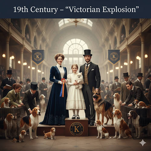 Gia đình quý tộc thời Victoria cùng nhiều giống chó tại triển lãm.
