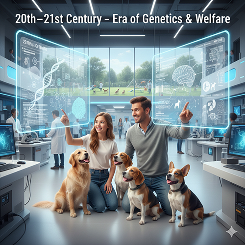 Nhà khoa học và gia đình cùng chó trong phòng thí nghiệm hiện đại với hình ảnh DNA hologram.