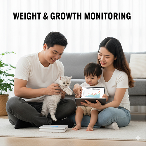 Gia đình nhỏ theo dõi cân nặng mèo Anh lông ngắn con bằng cân điện tử và biểu đồ tăng trưởng hiển thị trên máy tính bảng