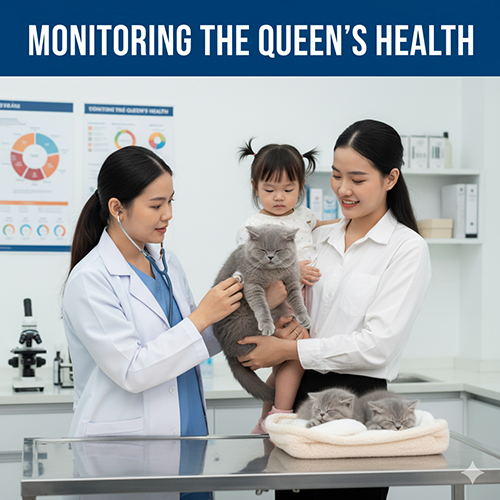 Bác sĩ thú y kiểm tra sức khỏe mèo Anh lông ngắn mẹ và mèo con trong phòng khám, minh họa việc theo dõi sau sinh