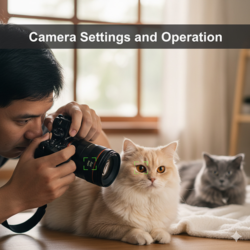 Người đàn ông đang chụp ảnh mèo Anh lông vàng bằng máy ảnh chuyên dụng, lấy nét vào mắt mèo, phía sau là mèo xám nằm thư giãn trên giường.