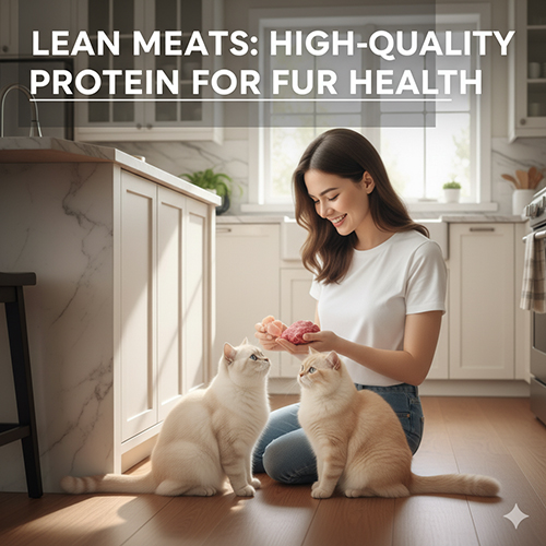 Hai mèo Anh lông ngắn ngồi trong bếp nhìn chủ đang cầm thịt gà và thịt bò tươi chuẩn bị khẩu phần ăn.