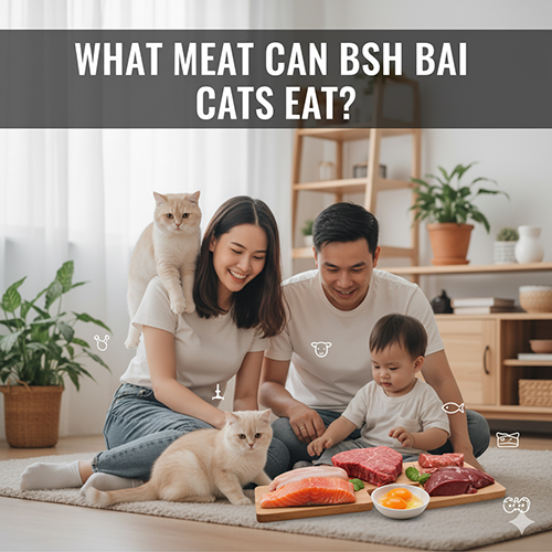 Gia đình ngồi chơi cùng mèo Anh lông ngắn bên bàn có thịt gà, bò, cá hồi và trứng, minh họa các loại thịt mèo có thể ăn