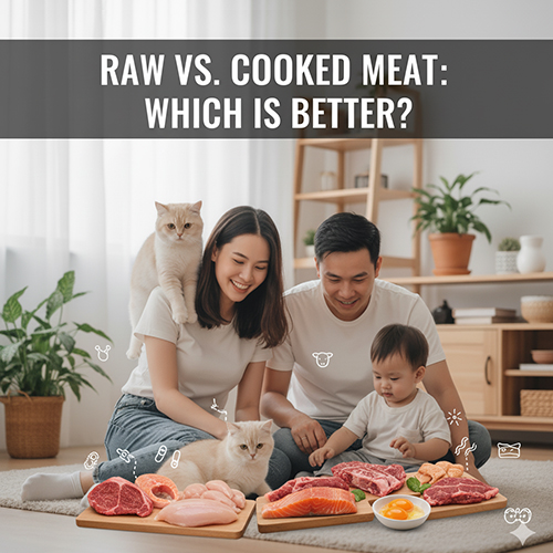 Gia đình và mèo Anh lông ngắn bên bàn có cả thịt sống và thịt chín, minh họa so sánh giữa hai hình thức cho ăn