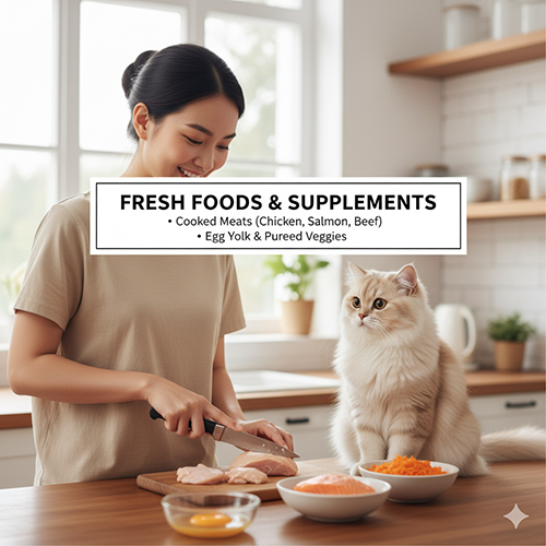 Mèo Anh lông dài ngồi cạnh chủ khi chuẩn bị thịt chín và rau củ nghiền cho bữa ăn bổ dưỡng