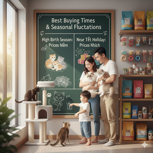 Gia đình mua mèo trong cửa hàng, bảng “Best Buying Times & Seasonal Fluctuations”: mùa sinh sản giá mềm, cận lễ/Tết giá nhích, lưu ý kiểm dịch mùa bệnh