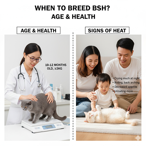 Bác sĩ thú y kiểm tra mèo Anh lông ngắn và gia đình quan sát mèo có dấu hiệu động dục, minh họa thời điểm phối giống phù hợp