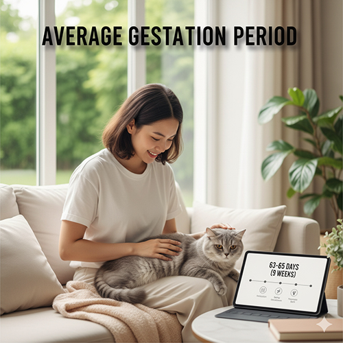 Cô gái vuốt ve mèo Anh lông ngắn trên sofa với màn hình hiển thị thời gian mang thai trung bình 63–65 ngày