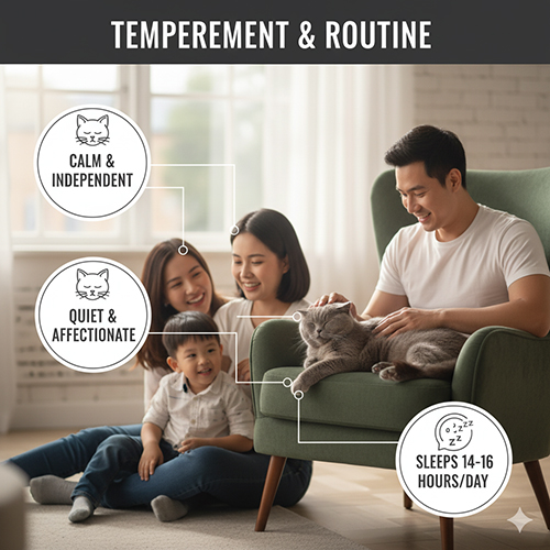 Gia đình ngồi bên cạnh mèo Anh lông ngắn trưởng thành đang nằm thư giãn trên ghế sofa, minh họa tính cách điềm tĩnh và thói quen sinh hoạt của mèo