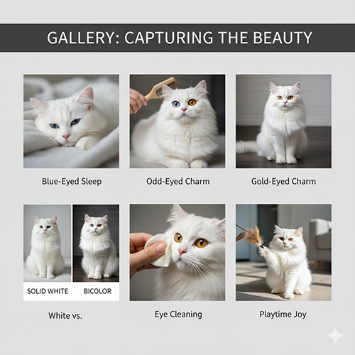 Bộ sưu tập hình ảnh mèo Anh lông dài trắng – mắt xanh, odd-eyes, mắt vàng, chải lông, lau mắt và chơi đùa trong nhà