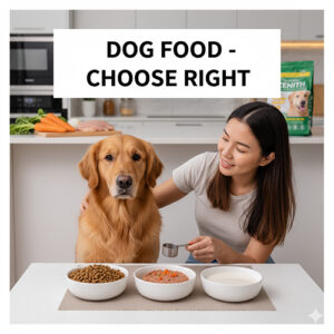 Cô gái cho chó Golden ăn với ba bát gồm hạt khô, đồ ướt và sữa trên bàn bếp, minh họa cách chọn thức ăn cho chó đúng loại và đúng bữa.