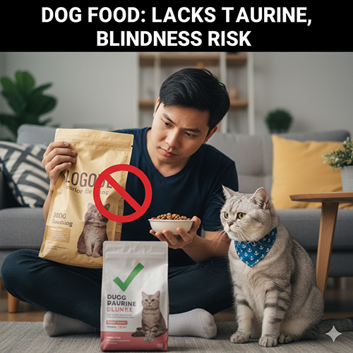 Mèo Anh lông ngắn ngồi nhìn túi thức ăn cho chó có biểu tượng cấm đỏ, trong khi chủ đang cầm bát thức ăn.