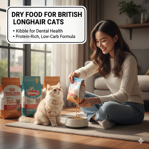 Mèo Anh lông dài được cho ăn hạt khô từ các thương hiệu như Royal Canin và Whiskas giúp răng khỏe và lông mượt