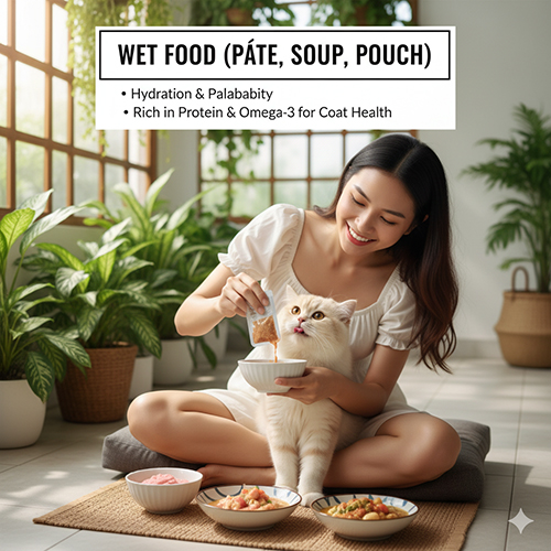 Mèo Anh lông dài được cho ăn pate ướt trong không gian xanh mát, giúp bổ sung nước và dưỡng lông khỏe