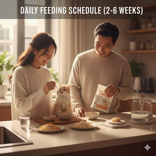 Thực đơn mèo Anh lông dài 2 tháng tuổi – Hình ảnh cô gái chuẩn bị bữa ăn với nhiều loại thức ăn cho mèo British Longhair con trắng, gồm hạt kitten, pate và sữa thay thế.