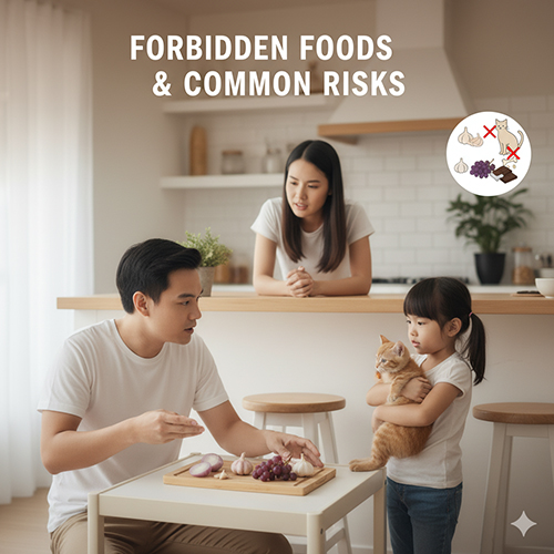 Người cha chỉ cho con thấy các loại thực phẩm như hành, tỏi, nho trên bàn trong khi bé bế mèo, minh họa các món ăn cấm đối với mèo.