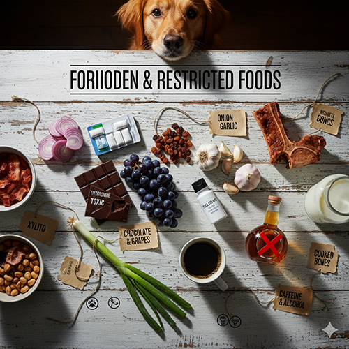 Các loại thực phẩm nguy hiểm cho chó như sô-cô-la, nho, hành, tỏi, xylitol, rượu và xương nấu chín