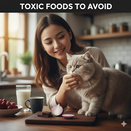 Cô gái đang cho mèo Anh lông dài ngửi thức ăn có hành, socola và nho trên bàn, minh họa các thực phẩm độc hại cần tránh.