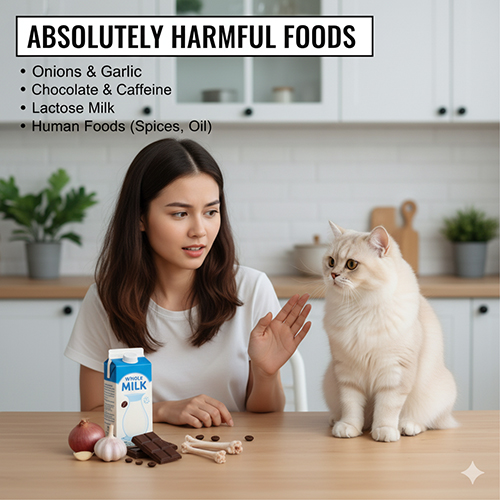 Mèo Anh lông dài bên cạnh các thực phẩm độc hại như hành, tỏi, socola, sữa tươi và đồ ăn có gia vị