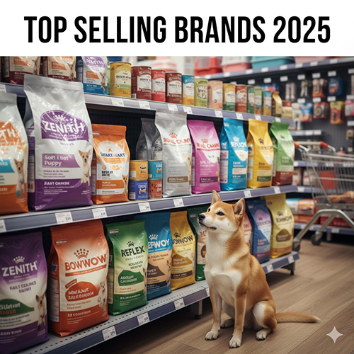 Kệ siêu thị bày nhiều túi thức ăn cho chó như Zenith, Smartheart, Royal Canin, Reflex, Bowwow; một chú Shiba ngồi nhìn bát hạt.