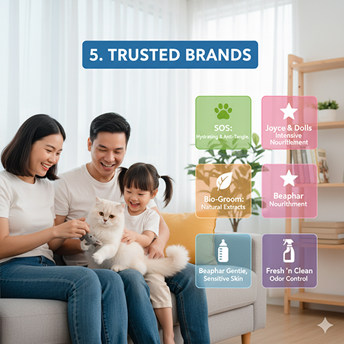 Các thương hiệu sữa tắm cho mèo Anh lông dài uy tín như SOS, Bio-Groom, Joyce & Dolls và Beaphar