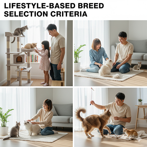 Bộ ảnh gia đình chăm sóc và chơi với nhiều giống mèo khác nhau trong nhà, minh họa các tiêu chí chọn giống theo lối sống