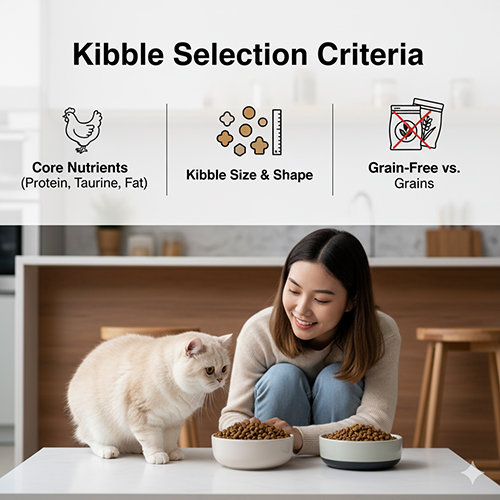 Cô gái đang cho mèo Anh lông ngắn ăn, minh họa các tiêu chí chọn hạt phù hợp
