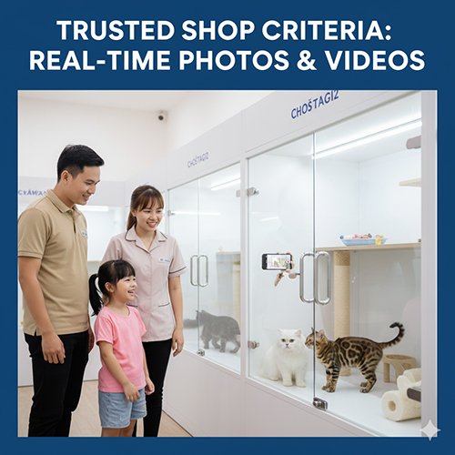 Gia đình xem mèo trong cửa hàng thú cưng, nhân viên quay video thực tế minh họa tiêu chí nhận diện shop mèo cảnh uy tín