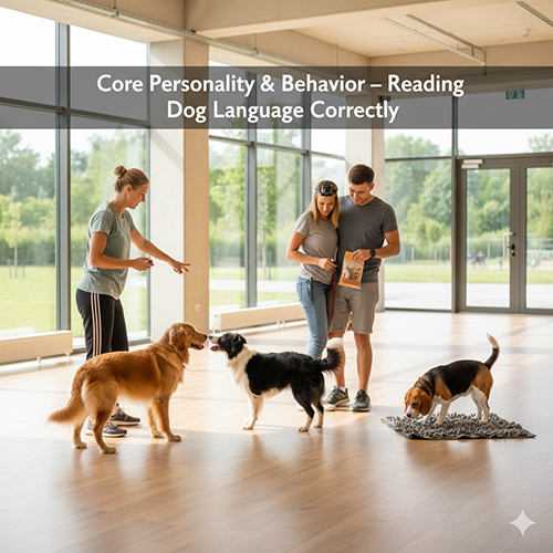Tính cách & hành vi cốt lõi của chó; đọc đúng “ngôn ngữ chó” qua tín hiệu cơ thể và khung năng lượng–prey drive–hợp tác–resilience