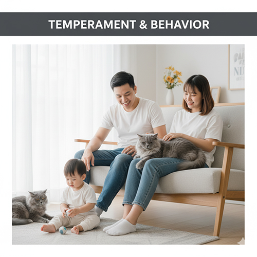 Gia đình vui vẻ cùng hai chú mèo Anh lông dài xám hiền lành, thể hiện tính cách điềm tĩnh và thân thiện của giống ALD