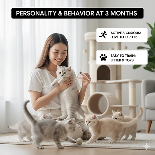 Cô gái trẻ chơi đùa cùng bốn mèo Anh lông ngắn 3 tháng tuổi trong phòng khách có cây leo mèo và đồ chơi