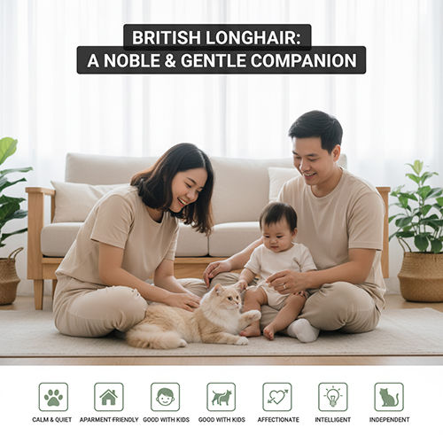 Quick facts tính cách mèo Anh lông dài (ALD) – điềm tĩnh, thân thiện, thông minh và hòa đồng với thú cưng khác.