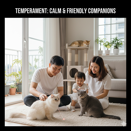 Gia đình trẻ cùng chơi với mèo Anh lông ngắn và lông dài trong phòng khách, thể hiện tính cách hiền lành, thân thiện và dễ gần của giống mèo Anh