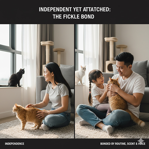 Ảnh ghép hai khung cảnh: bên trái người phụ nữ vuốt ve mèo đang đi lại độc lập, bên phải gia đình cùng chơi với mèo, thể hiện mối quan hệ “độc lập mà gắn bó” đặc trưng của loài mèo.