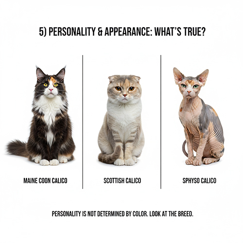 So sánh ngoại hình mèo tam thể calico ở các giống khác nhau như Maine Coon, Scottish và Sphynx