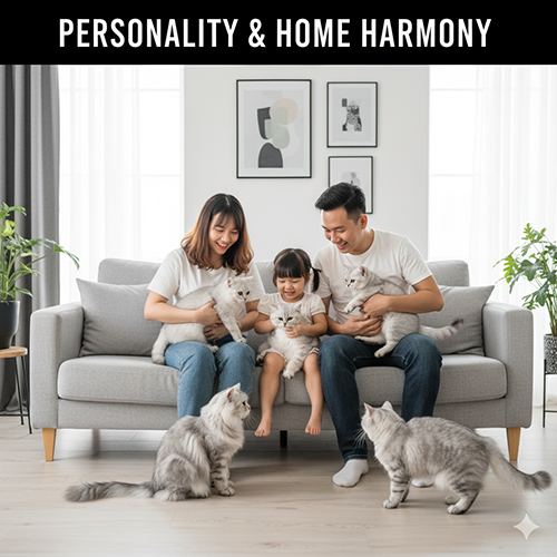 Gia đình trẻ ngồi trên sofa cùng bốn chú mèo Anh màu silver và silver tabby, không gian phòng khách sáng, hiện đại và hài hòa.