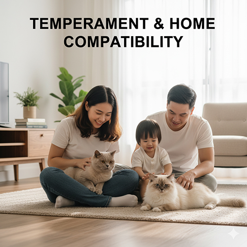 Gia đình trẻ gồm cha mẹ và bé nhỏ đang chơi cùng hai chú mèo Anh lông ngắn màu lilac và hyma trong phòng khách sáng sủa, thể hiện tính cách hiền lành và sự hòa hợp của giống mèo với không gian sống.