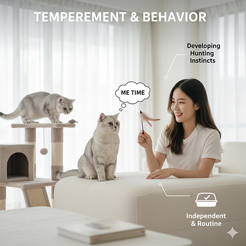 Cô gái trẻ chơi với hai mèo Anh lông ngắn trong phòng sáng, thể hiện tính cách độc lập và bản năng săn mồi phát triển ở giai đoạn 6 tháng tuổi.