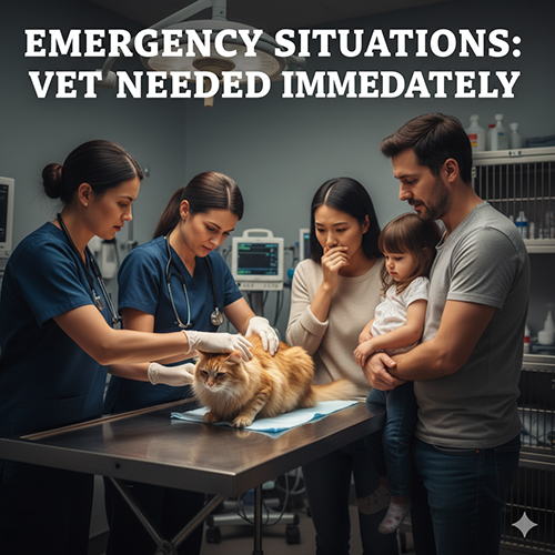 Gia đình lo lắng đưa mèo mẹ đến bác sĩ thú y cấp cứu, minh họa tình huống khẩn cấp trong quá trình sinh nở của mèo