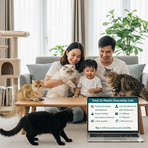 Gia đình với nhiều mèo bên laptop hiển thị “Total 12-Month Ownership Cost”, minh họa chi phí năm đầu: thức ăn, cát vệ sinh, chải lông/cắt móng, tiêm–tẩy, khám định kỳ, đồ dùng ban đầu