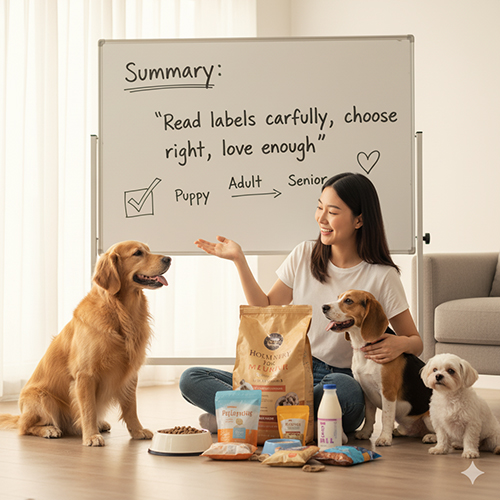 Cô gái ngồi cùng ba chú chó trước bảng trắng ghi “Read labels carefully, choose right, love enough”, xung quanh là các túi thức ăn và sữa cho chó.