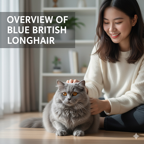 Cô gái trẻ vuốt ve chú mèo Anh lông dài màu xám xanh, đại diện cho vẻ đẹp cổ điển của giống ALD